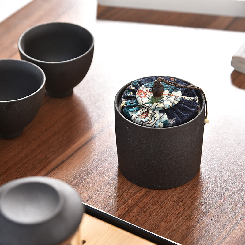Ceainic cu mâner lateral din sticlă, stil japonez, set de ceai vintage cadou din ceramică neagră, set de ceai de călătorie cu ceașcă