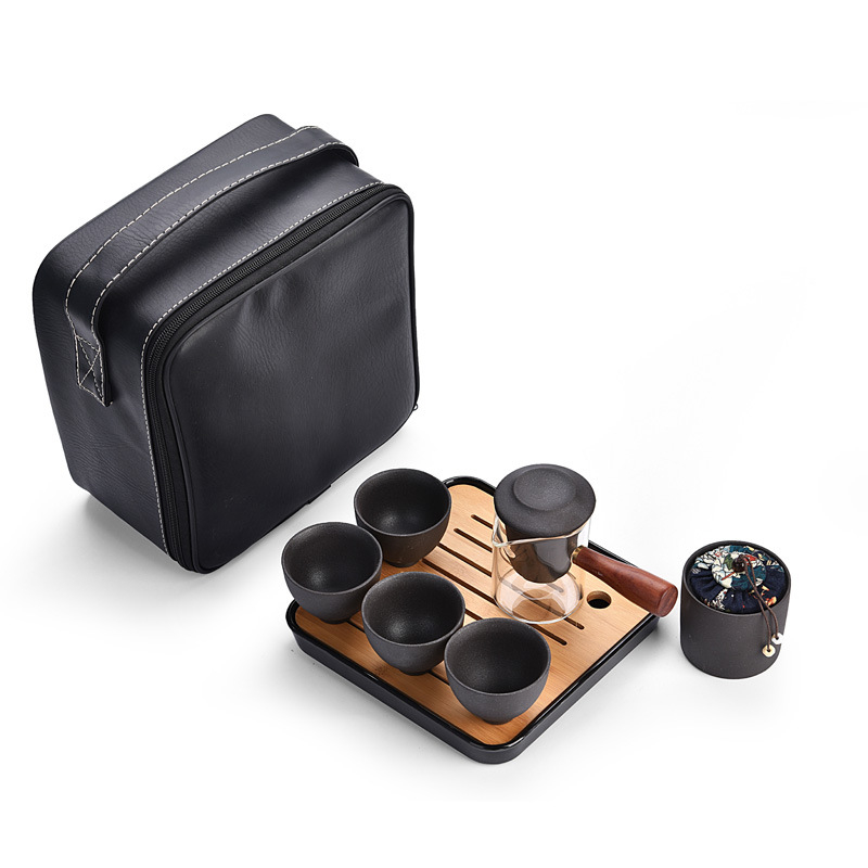 Ceainic cu mâner lateral din sticlă, stil japonez, set de ceai vintage cadou din ceramică neagră, set de ceai de călătorie cu ceașcă