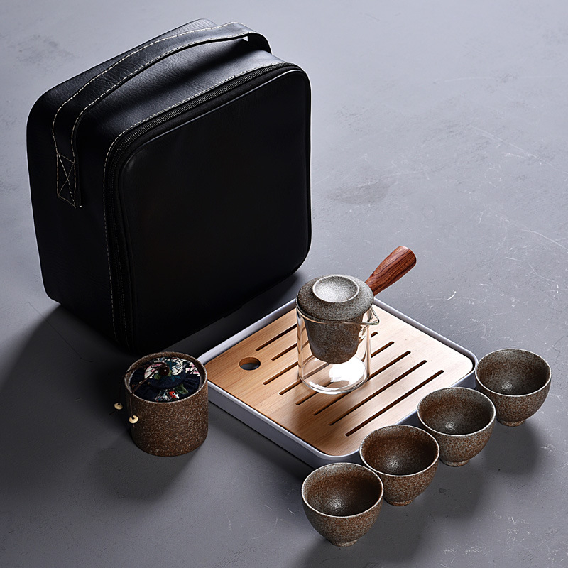 Ceainic cu mâner lateral din sticlă, stil japonez, set de ceai vintage cadou din ceramică neagră, set de ceai de călătorie cu ceașcă