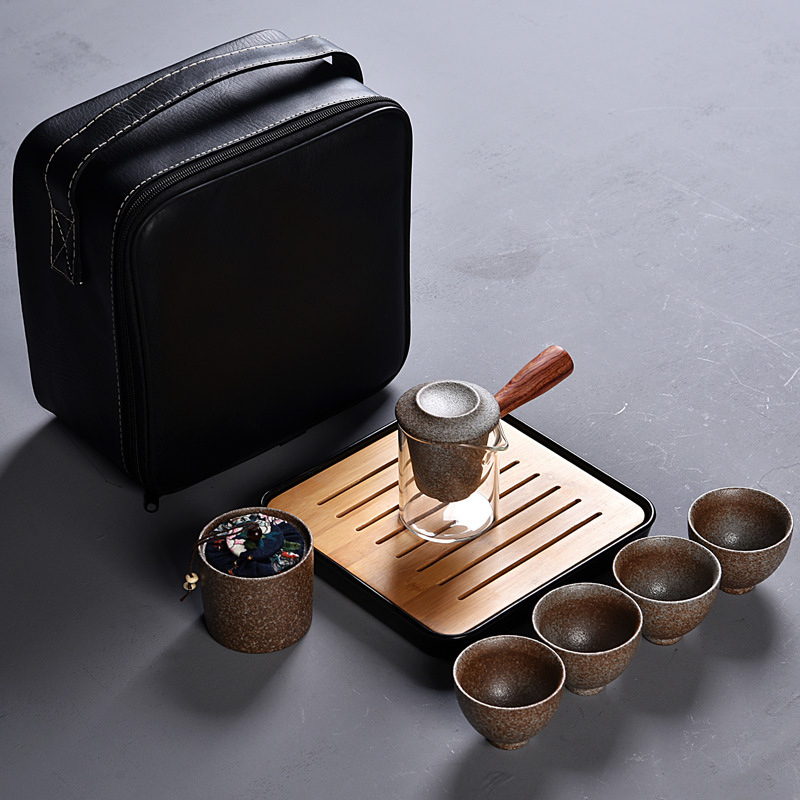 Ceainic cu mâner lateral din sticlă, stil japonez, set de ceai vintage cadou din ceramică neagră, set de ceai de călătorie cu ceașcă