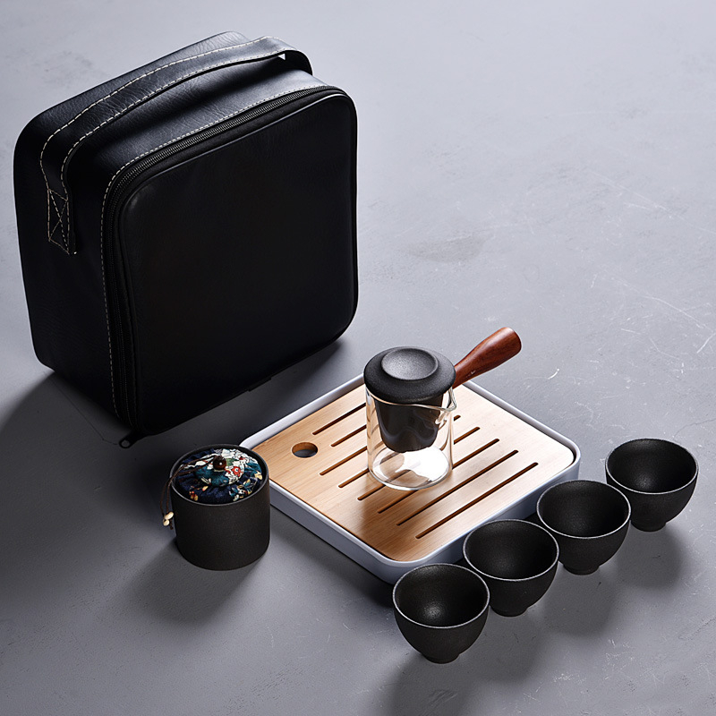 Ceainic cu mâner lateral din sticlă, stil japonez, set de ceai vintage cadou din ceramică neagră, set de ceai de călătorie cu ceașcă