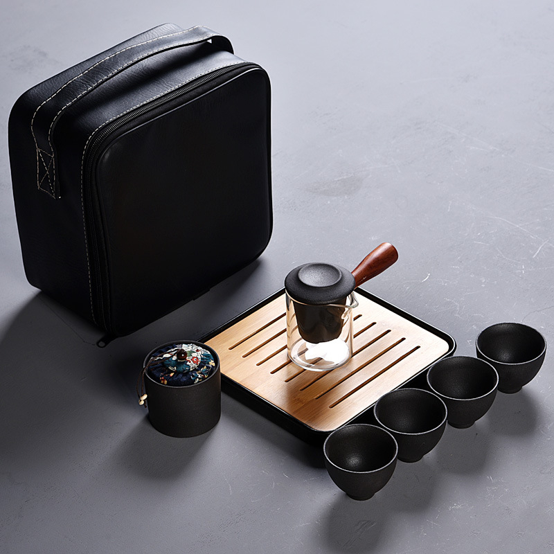 Ceainic cu mâner lateral din sticlă, stil japonez, set de ceai vintage cadou din ceramică neagră, set de ceai de călătorie cu ceașcă