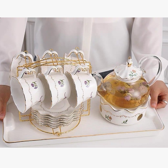 Set ceai stil european cu model floral, încălzire cu lumânare, ceainic din sticlă elegant, cești ceramice și tavă de ceai pentru șase persoane – ceai de după-amiază