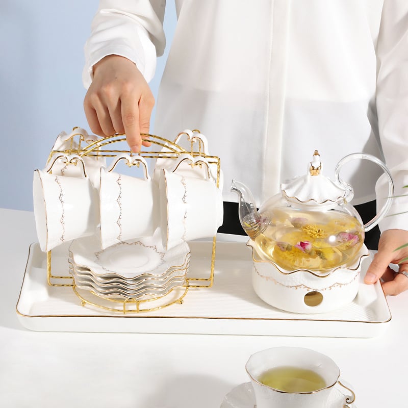 Set ceai stil european cu model floral, încălzire cu lumânare, ceainic din sticlă elegant, cești ceramice și tavă de ceai pentru șase persoane – ceai de după-amiază
