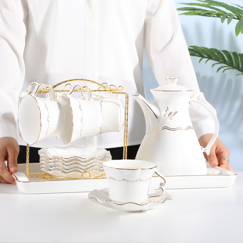 Set ceai stil european cu model floral, încălzire cu lumânare, ceainic din sticlă elegant, cești ceramice și tavă de ceai pentru șase persoane – ceai de după-amiază
