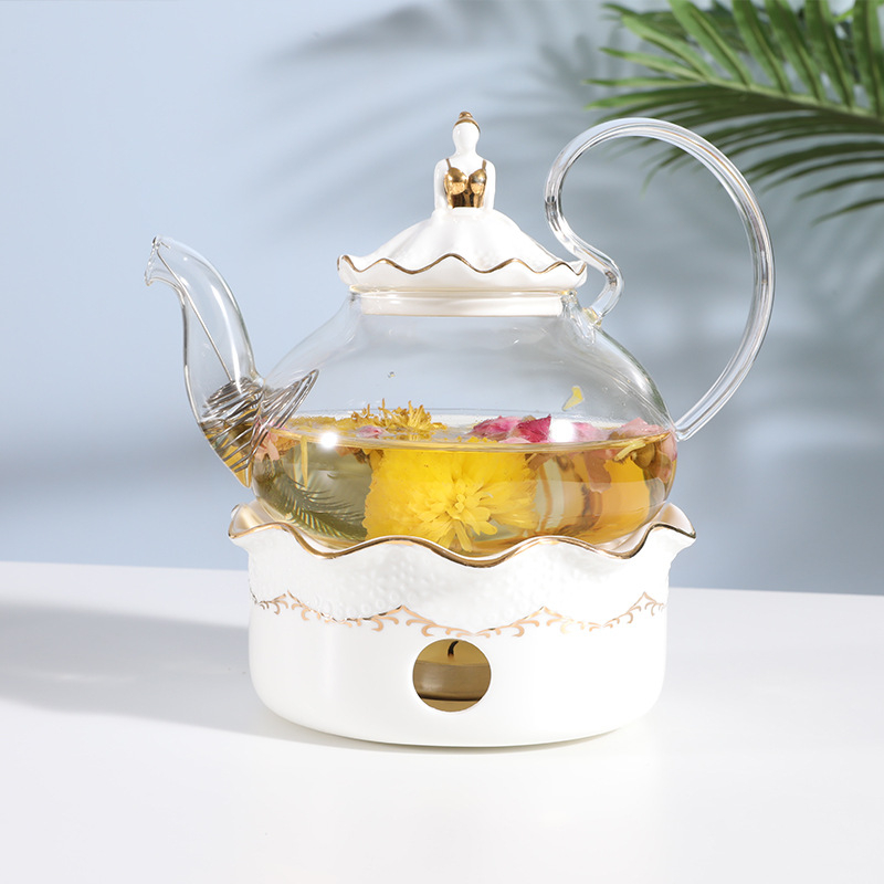 Set ceai stil european cu model floral, încălzire cu lumânare, ceainic din sticlă elegant, cești ceramice și tavă de ceai pentru șase persoane – ceai de după-amiază