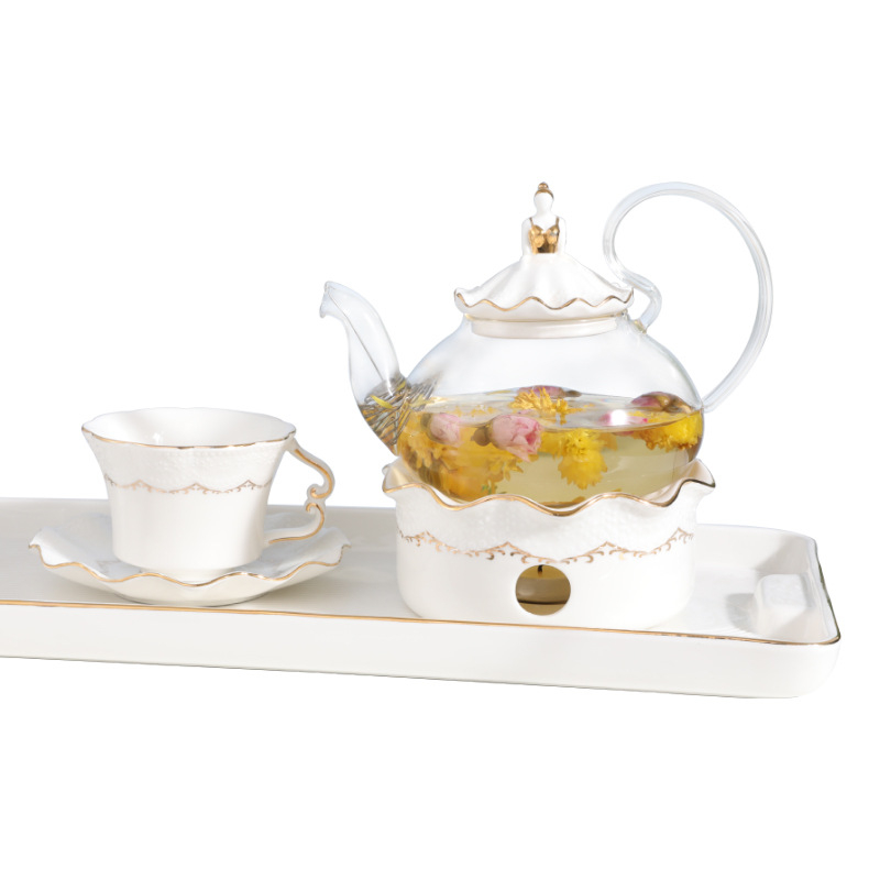 Set ceai stil european cu model floral, încălzire cu lumânare, ceainic din sticlă elegant, cești ceramice și tavă de ceai pentru șase persoane – ceai de după-amiază