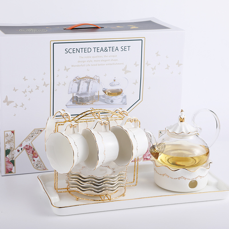 Set ceai stil european cu model floral, încălzire cu lumânare, ceainic din sticlă elegant, cești ceramice și tavă de ceai pentru șase persoane – ceai de după-amiază