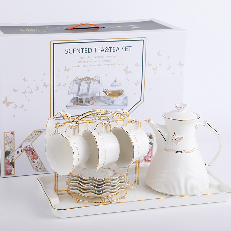 Set ceai stil european cu model floral, încălzire cu lumânare, ceainic din sticlă elegant, cești ceramice și tavă de ceai pentru șase persoane – ceai de după-amiază