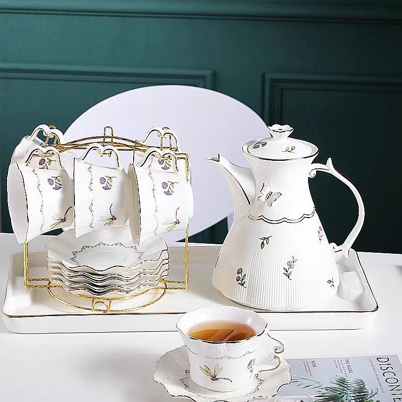 Set ceai stil european cu model floral, încălzire cu lumânare, ceainic din sticlă elegant, cești ceramice și tavă de ceai pentru șase persoane – ceai de după-amiază