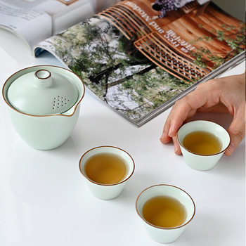 Set de ceai de voiaj din ceramică Ru Kiln – set portabil pentru exterior cu ceainic și trei cești