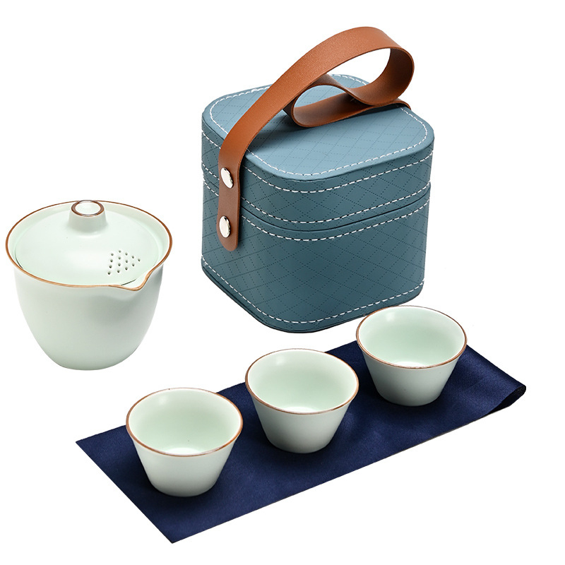 Set de ceai de voiaj din ceramică Ru Kiln – set portabil pentru exterior cu ceainic și trei cești