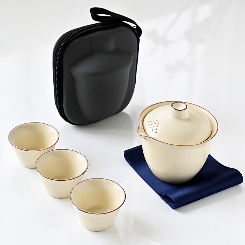 Set de ceai de voiaj din ceramică Ru Kiln – set portabil pentru exterior cu ceainic și trei cești