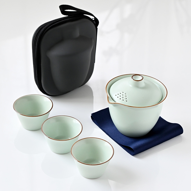 Set de ceai de voiaj din ceramică Ru Kiln – set portabil pentru exterior cu ceainic și trei cești