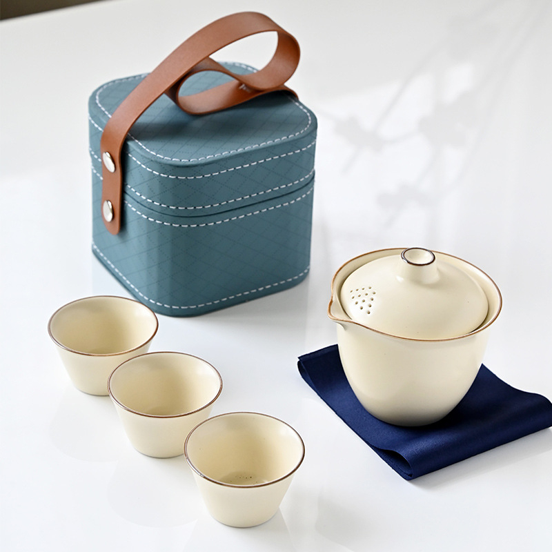 Set de ceai de voiaj din ceramică Ru Kiln – set portabil pentru exterior cu ceainic și trei cești