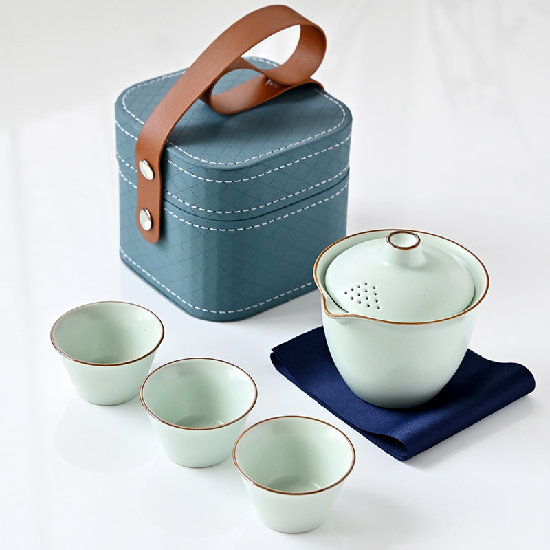 Set de ceai de voiaj din ceramică Ru Kiln – set portabil pentru exterior cu ceainic și trei cești