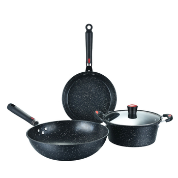 Set de vase din piatră Maifan, antiaderent, 3 piese — wok 30 cm, tigaie plată 24 cm și oală de supă 24 cm, în cutie cadou