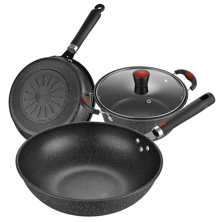 Set de vase din piatră Maifan, antiaderent, 3 piese — wok 30 cm, tigaie plată 24 cm și oală de supă 24 cm, în cutie cadou