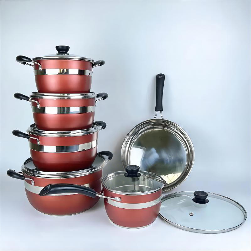 Set de vase din oțel inoxidabil, 12 piese, cu fund dublu, stratificat – tigaie, oală pentru supă și oală pentru lapte
