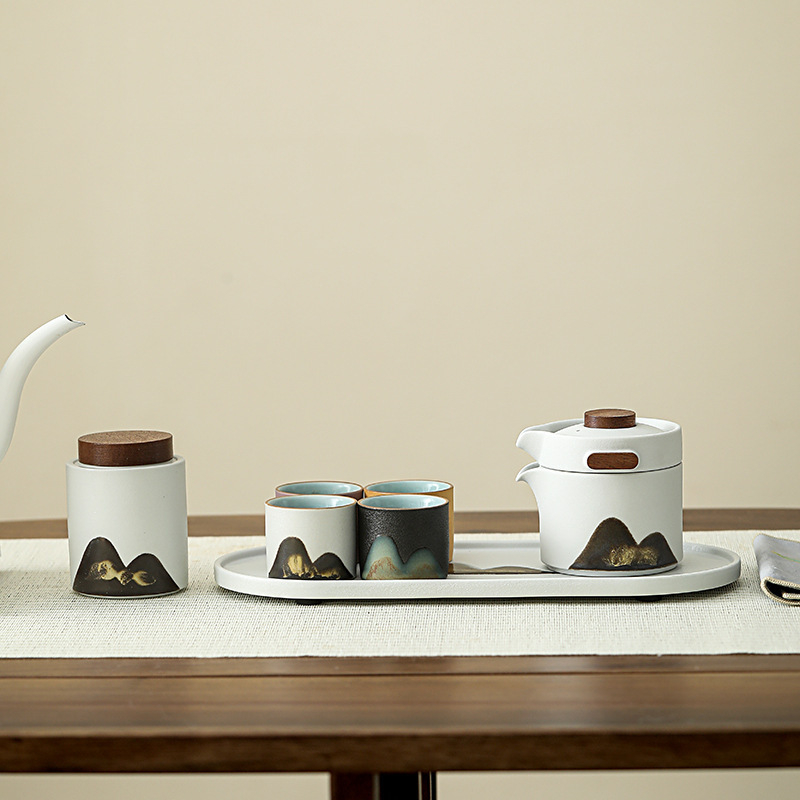 Set ceramic de ceai pentru călătorii, ceainic și patru cești – cadou corporativ ideal