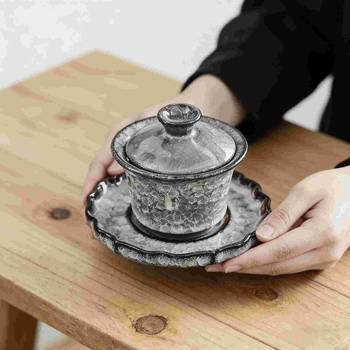Set gaiwan de ceai cu efect de gheață neagră și fisuri în glazură, cești ceramice pentru uz casnic și birou