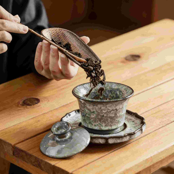 Set gaiwan de ceai cu efect de gheață neagră și fisuri în glazură, cești ceramice pentru uz casnic și birou