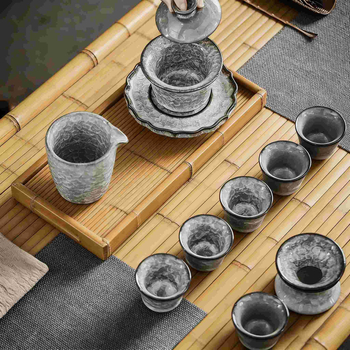 Set gaiwan de ceai cu efect de gheață neagră și fisuri în glazură, cești ceramice pentru uz casnic și birou