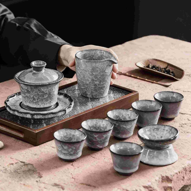 Set gaiwan de ceai cu efect de gheață neagră și fisuri în glazură, cești ceramice pentru uz casnic și birou