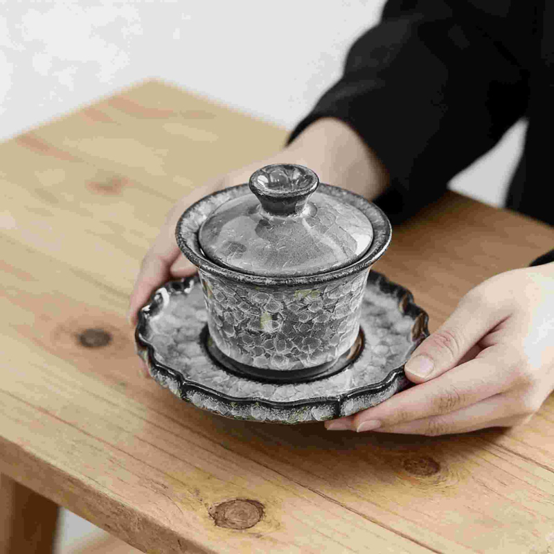 Set gaiwan de ceai cu efect de gheață neagră și fisuri în glazură, cești ceramice pentru uz casnic și birou