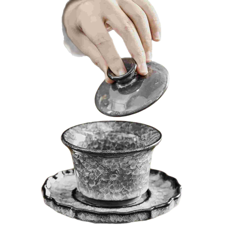 Set gaiwan de ceai cu efect de gheață neagră și fisuri în glazură, cești ceramice pentru uz casnic și birou