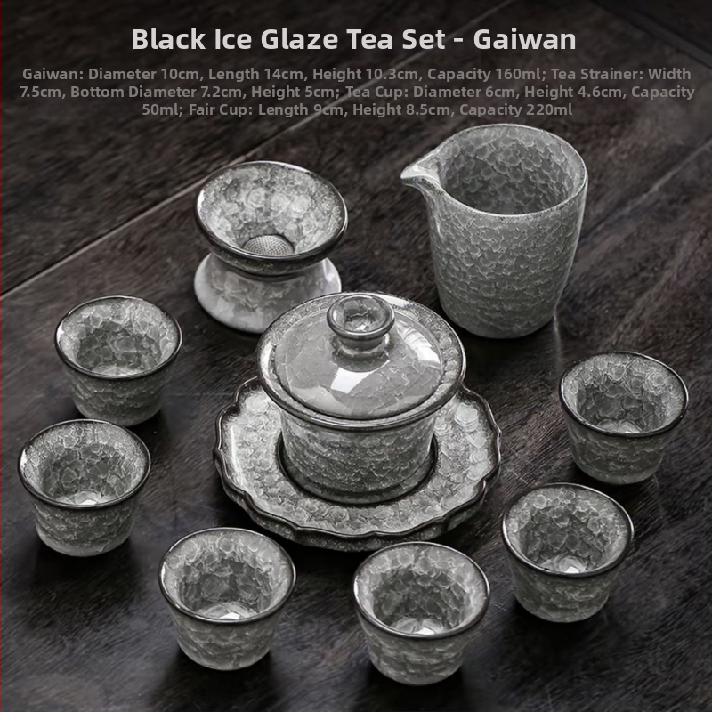 Set gaiwan de ceai cu efect de gheață neagră și fisuri în glazură, cești ceramice pentru uz casnic și birou