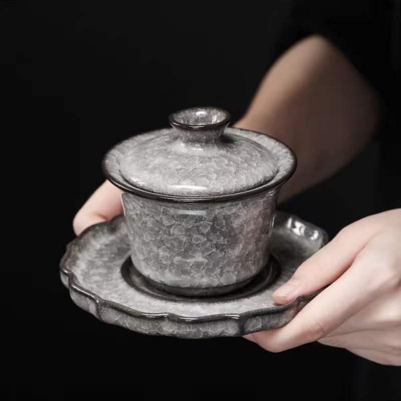 Set gaiwan de ceai cu efect de gheață neagră și fisuri în glazură, cești ceramice pentru uz casnic și birou