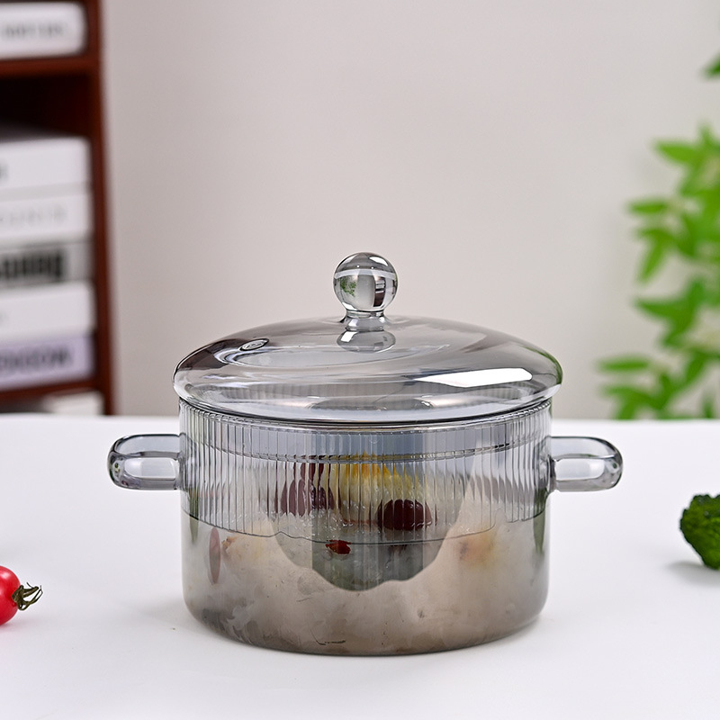 Oală mare din sticlă borosilikată, rezistentă la temperatură, cu două mânere și capac, potrivită pentru supe cu tăiței instant, compatibilă cu flacără deschisă sau plită ceramică, vas de sticlă pentru gătit sănătos