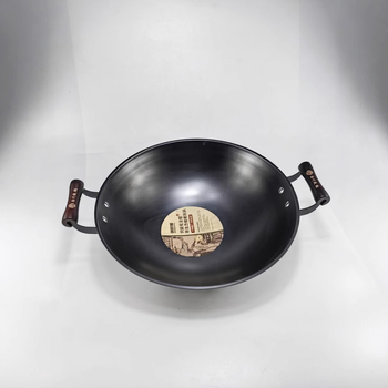 Wok din fier, cu două mânere, bază rotundă, netencuit, realizat manual