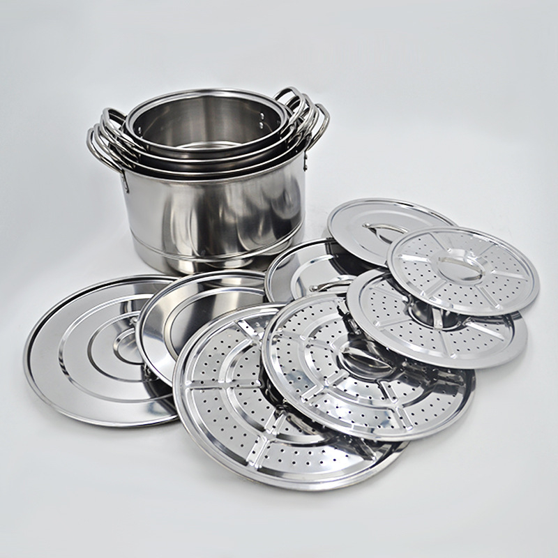 Set din oțel inoxidabil, patru piese: oală de supă și vas de aburi, diametrul 24–30 cm, capacitate mare, potrivit pentru cantine și restaurante