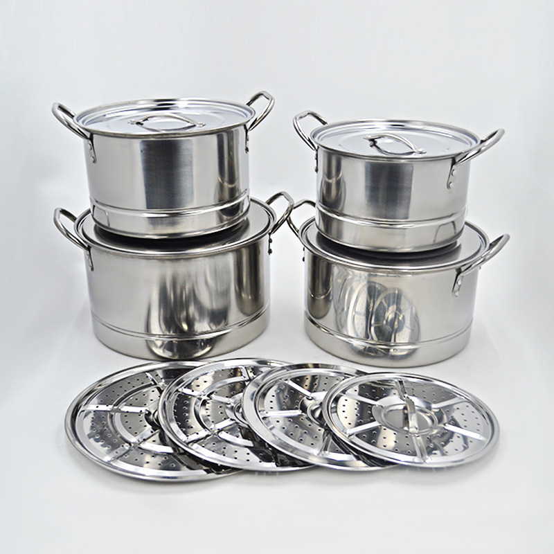 Set din oțel inoxidabil, patru piese: oală de supă și vas de aburi, diametrul 24–30 cm, capacitate mare, potrivit pentru cantine și restaurante