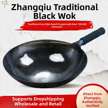 Wok tradițional din fier forjat manual, cu fund rotund, fără strat, antiaderent natural cu pregătire corespunzătoare, pentru plită cu gaz, gătit acasă, cu capac din lemn; dimensiuni 30/32/34 cm