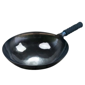 Wok tradițional din fier forjat manual, cu fund rotund, fără strat, antiaderent natural cu pregătire corespunzătoare, pentru plită cu gaz, gătit acasă, cu capac din lemn; dimensiuni 30/32/34 cm