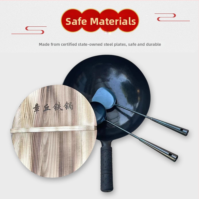 Wok tradițional din fier forjat manual, cu fund rotund, fără strat, antiaderent natural cu pregătire corespunzătoare, pentru plită cu gaz, gătit acasă, cu capac din lemn; dimensiuni 30/32/34 cm