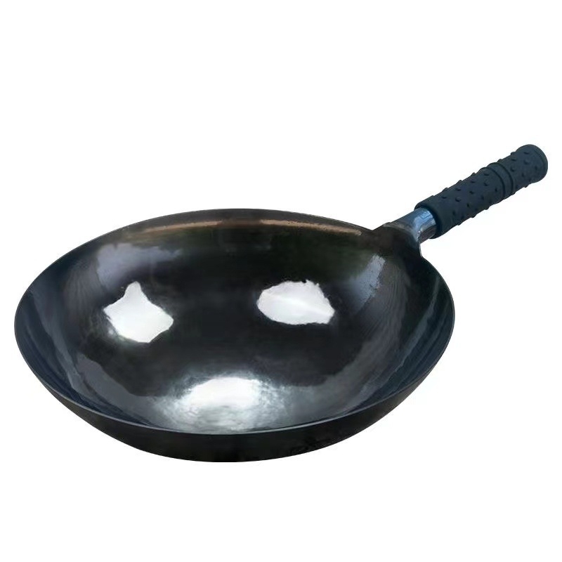 Wok tradițional din fier forjat manual, cu fund rotund, fără strat, antiaderent natural cu pregătire corespunzătoare, pentru plită cu gaz, gătit acasă, cu capac din lemn; dimensiuni 30/32/34 cm