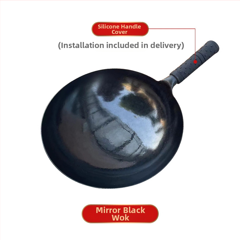 Wok tradițional din fier forjat manual, cu fund rotund, fără strat, antiaderent natural cu pregătire corespunzătoare, pentru plită cu gaz, gătit acasă, cu capac din lemn; dimensiuni 30/32/34 cm