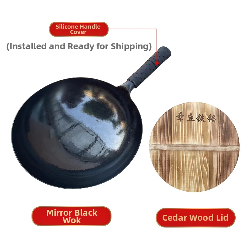 Wok tradițional din fier forjat manual, cu fund rotund, fără strat, antiaderent natural cu pregătire corespunzătoare, pentru plită cu gaz, gătit acasă, cu capac din lemn; dimensiuni 30/32/34 cm