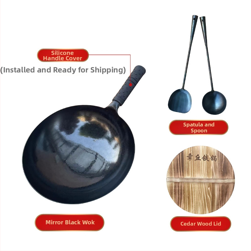 Wok tradițional din fier forjat manual, cu fund rotund, fără strat, antiaderent natural cu pregătire corespunzătoare, pentru plită cu gaz, gătit acasă, cu capac din lemn; dimensiuni 30/32/34 cm