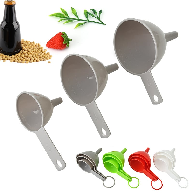 Set din plastic cu trei pâlnii pentru bucătărie – pentru ulei, vin și cereale.