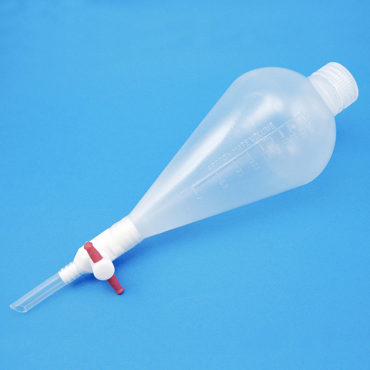 Separator în formă de pară, din PP translucid și sticlă complet transparentă, cu piston și capac din plastic spiral