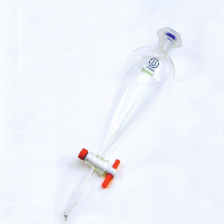 Separator în formă de pară, din PP translucid și sticlă complet transparentă, cu piston și capac din plastic spiral