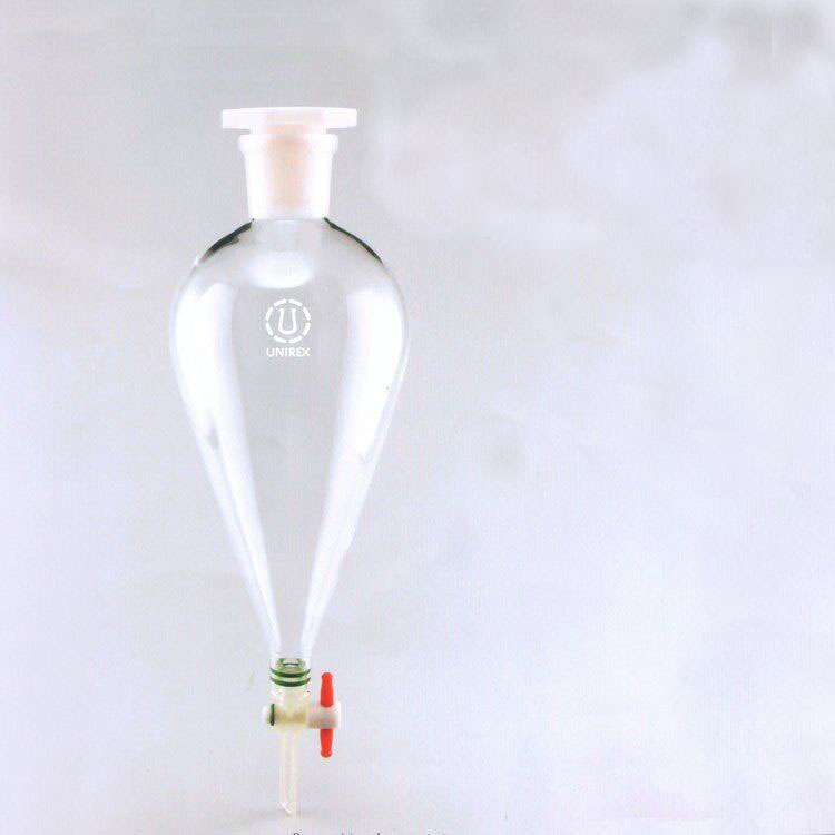 Separator în formă de pară, din PP translucid și sticlă complet transparentă, cu piston și capac din plastic spiral