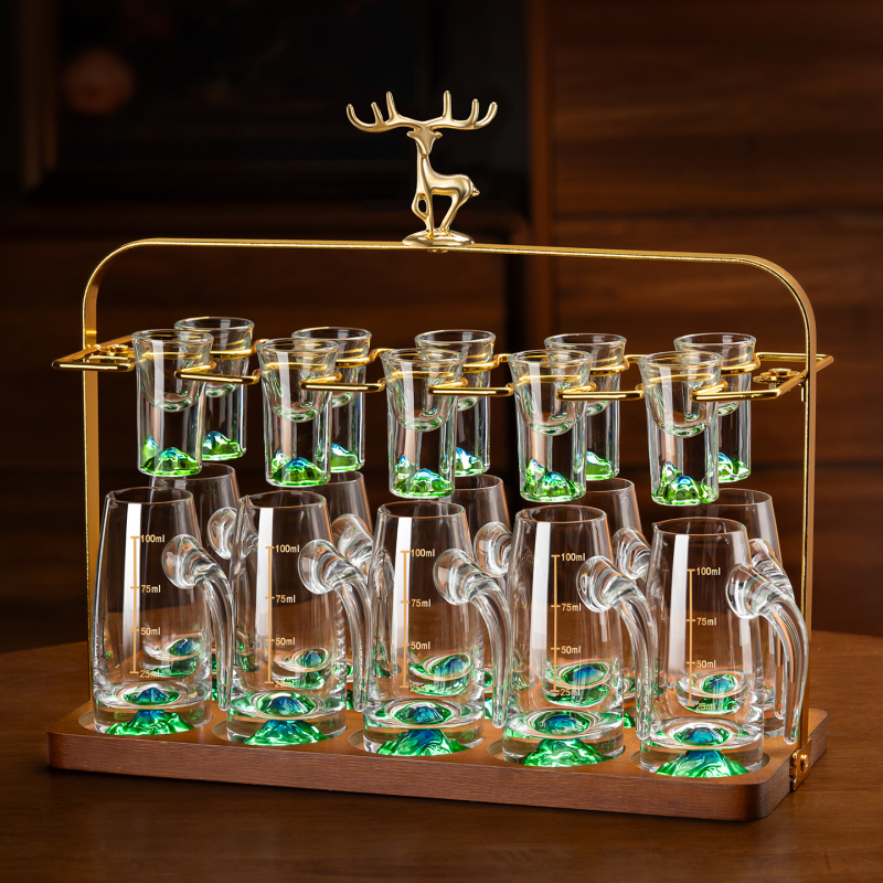 Set de pahare pentru băuturi spirtoase, uz casnic, cu dozator de 100 ml, pahare mici și suport pentru pahare, stil elegant retro cu scară de măsurare