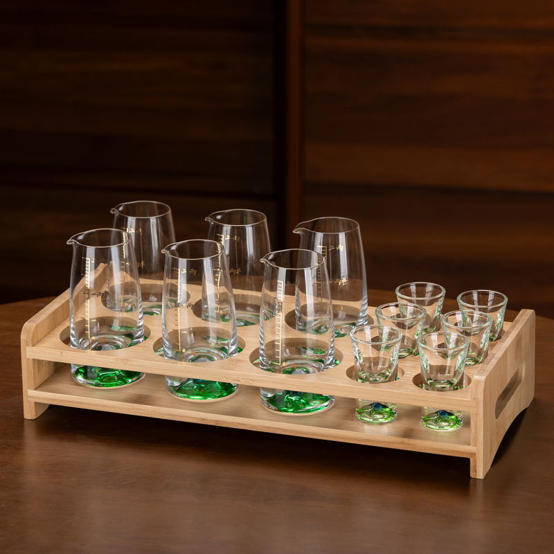 Set de pahare pentru băuturi spirtoase, uz casnic, cu dozator de 100 ml, pahare mici și suport pentru pahare, stil elegant retro cu scară de măsurare