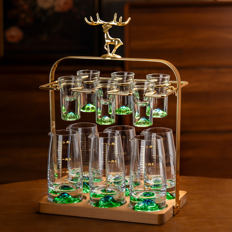 Set de pahare pentru băuturi spirtoase, uz casnic, cu dozator de 100 ml, pahare mici și suport pentru pahare, stil elegant retro cu scară de măsurare